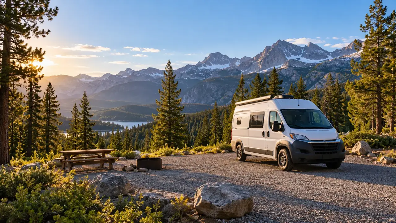 Illustration of a campervan at a gravel campsite among pines with a mountain view